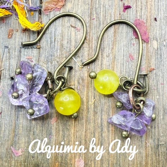 Amethyst and yellow agate statement dangle earrings - Picture 1 of 1
